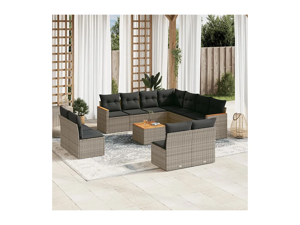 Salon de jardin avec coussins 12 pcs gris résine tressée