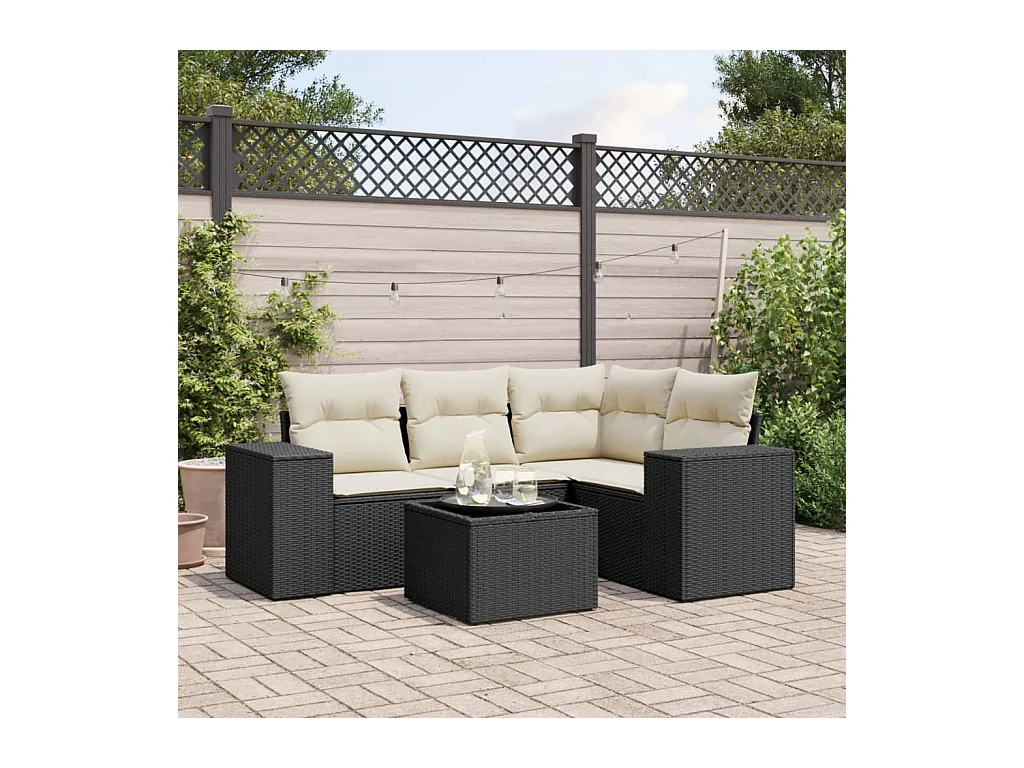 5-delige Loungeset met kussens poly rattan zwart