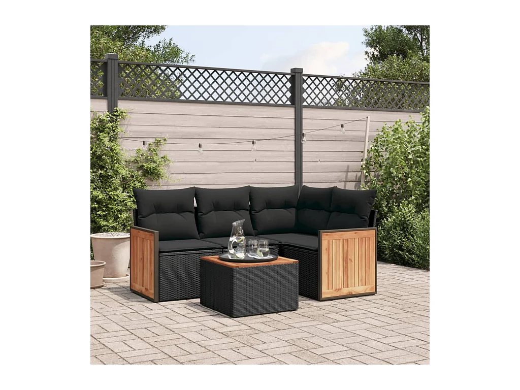 5-delige Loungeset met kussens poly rattan zwart