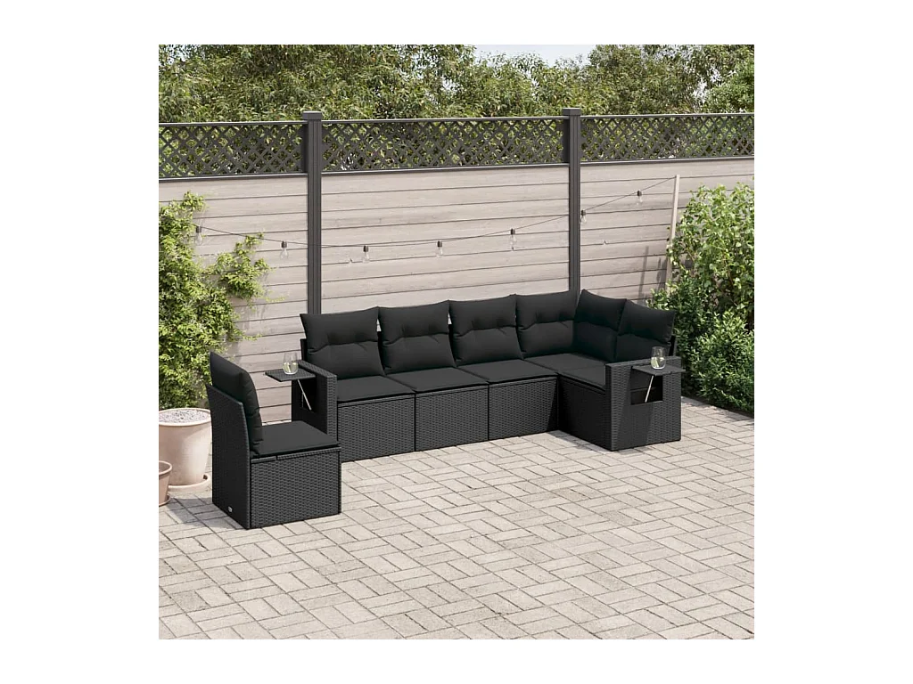 6-delige Loungeset met kussens poly rattan zwart