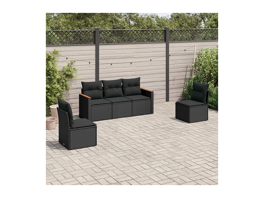 Salon de jardin 5 pcs avec coussins noir résine tressée