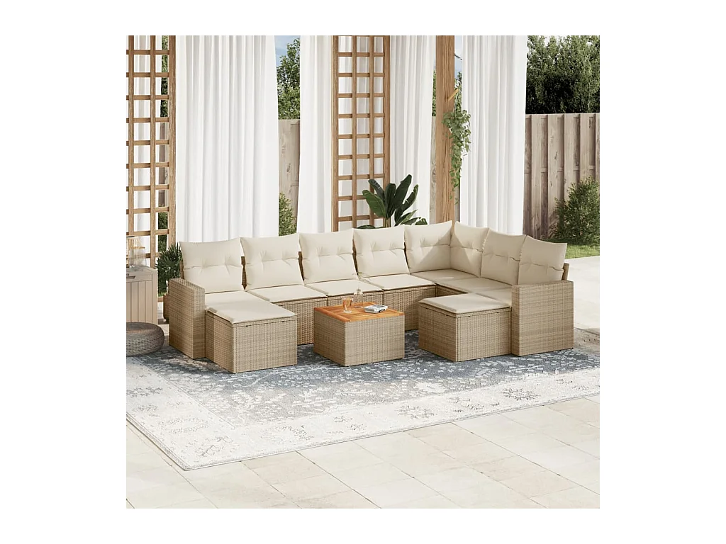 10-delige Loungeset met kussens poly rattan beige