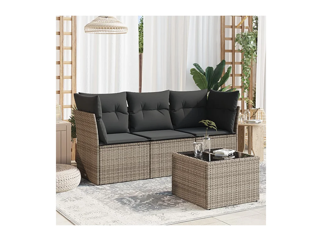4-tlg. Garten-Sofagarnitur mit Kissen Grau Poly Rattan