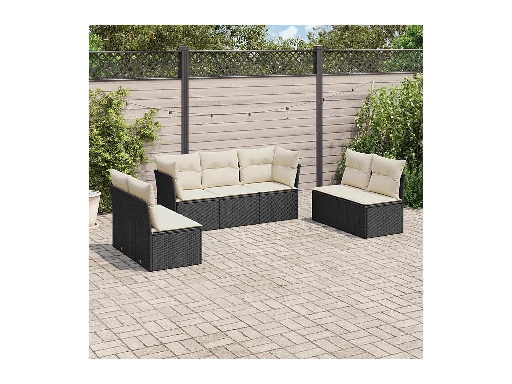 7-delige Loungeset met kussens poly rattan zwart
