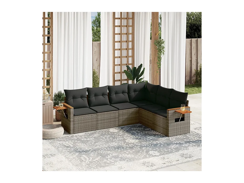 Salon de jardin 6 pcs avec coussins gris résine tressée