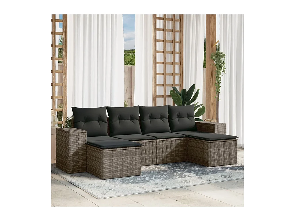 6-delige Loungeset met kussens poly rattan grijs