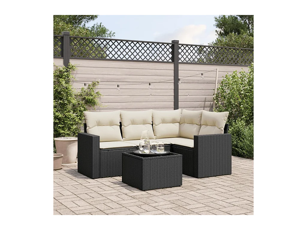 Salon de jardin 5 pcs avec coussins noir résine tressée