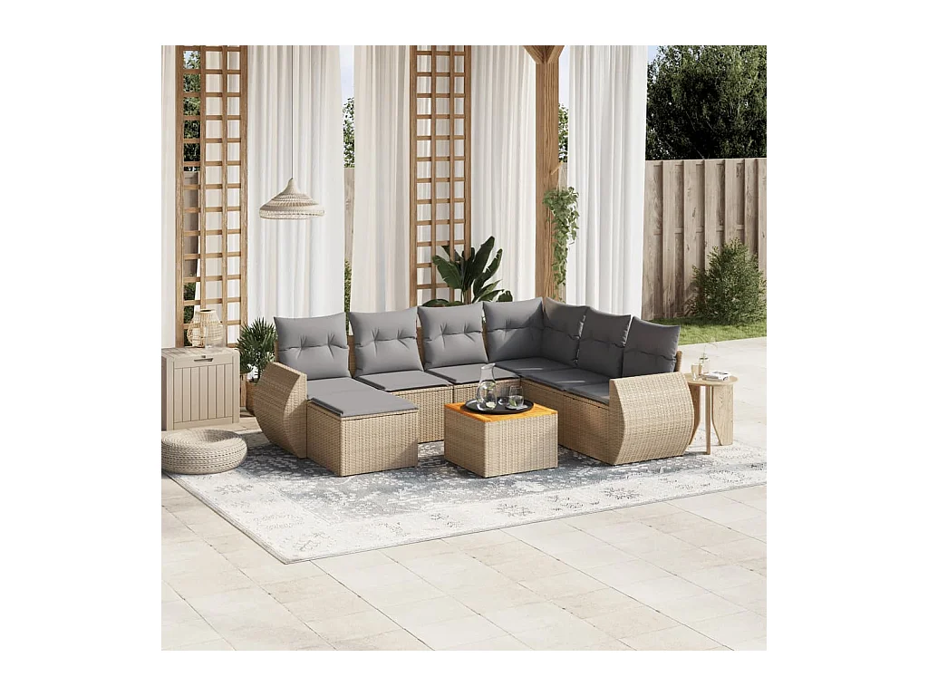 Salon de jardin avec coussins 8 pcs beige résine tressée