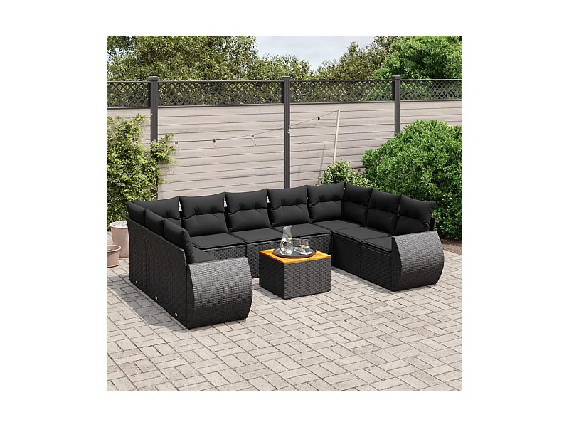 10-tlg. Garten-Sofagarnitur mit Kissen Schwarz Poly Rattan