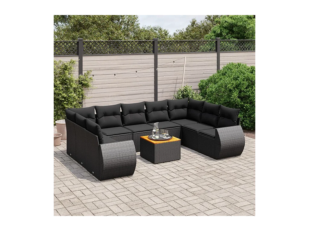 10-delige Loungeset met kussens poly rattan zwart