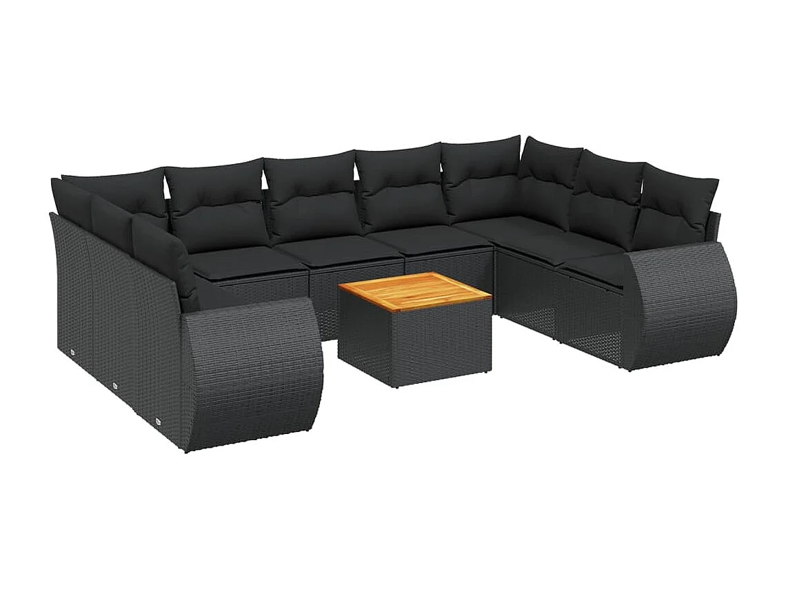 Salon de jardin 10 pcs avec coussins noir résine tressée