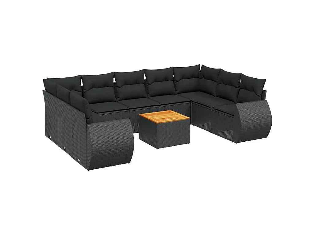 10-delige Loungeset met kussens poly rattan zwart