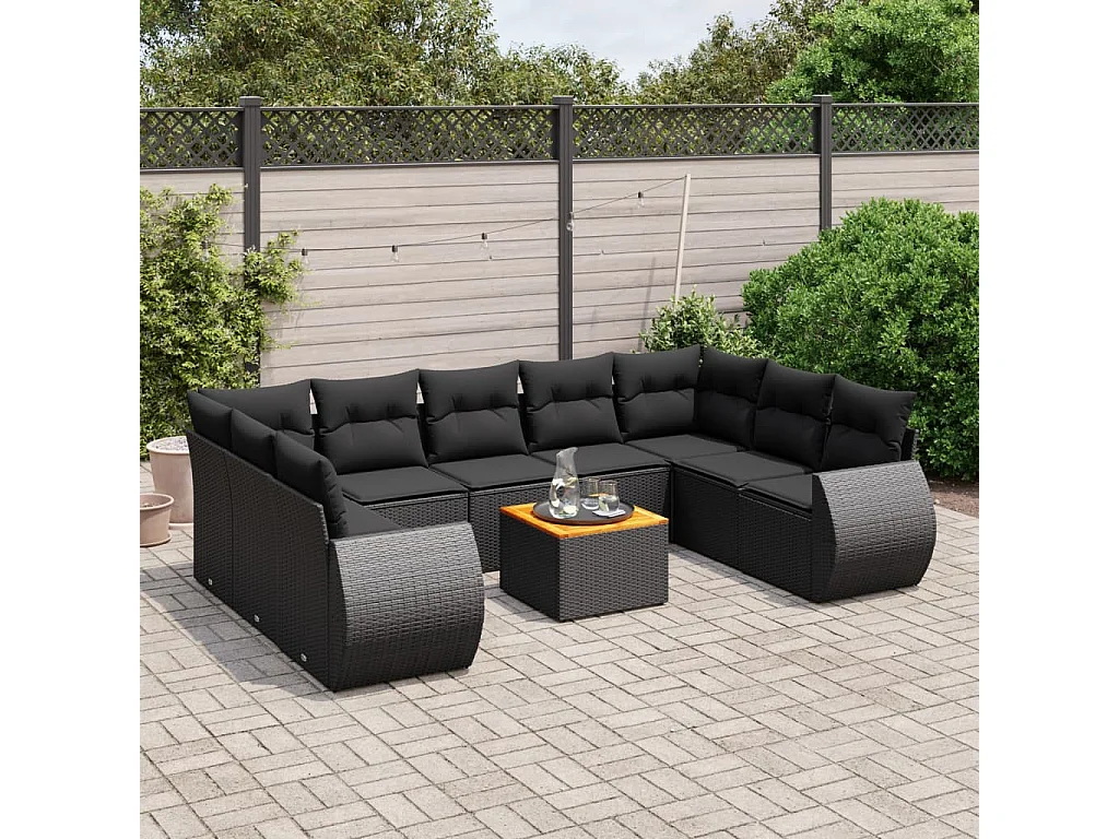 10-delige Loungeset met kussens poly rattan zwart