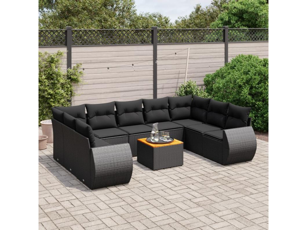 10-delige Loungeset met kussens poly rattan zwart