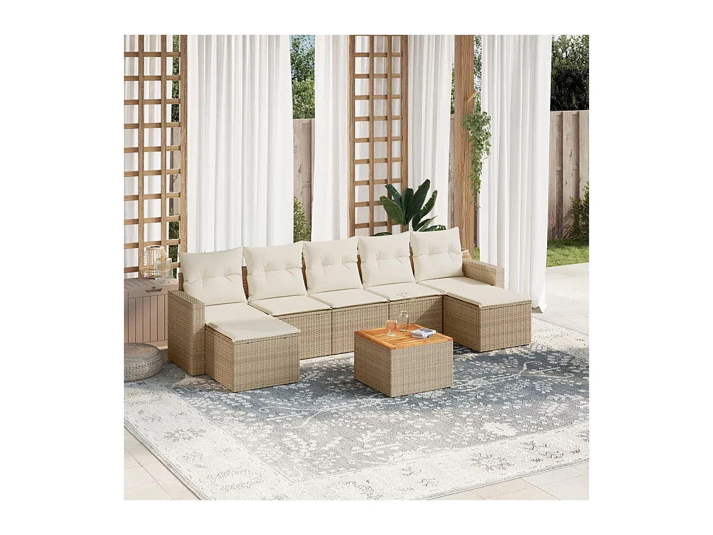 Salon de jardin avec coussins 8 pcs beige résine tressée