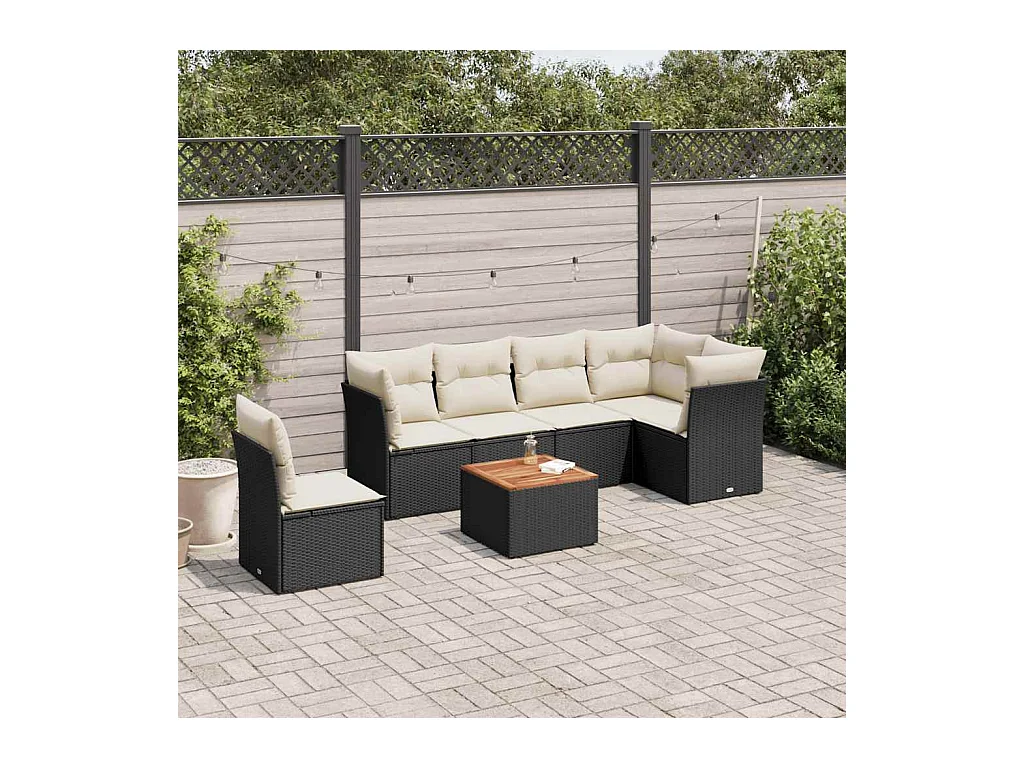 Salon de jardin 7 pcs avec coussins noir résine tressée