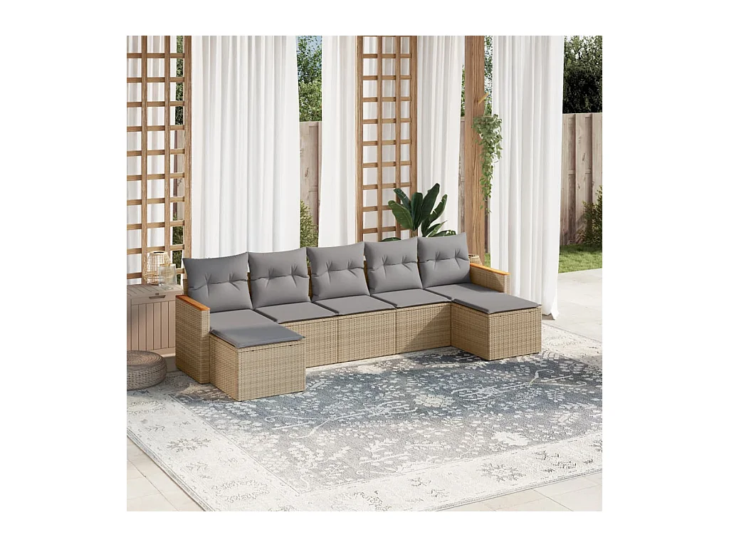 7-delige Loungeset met kussens poly rattan beige