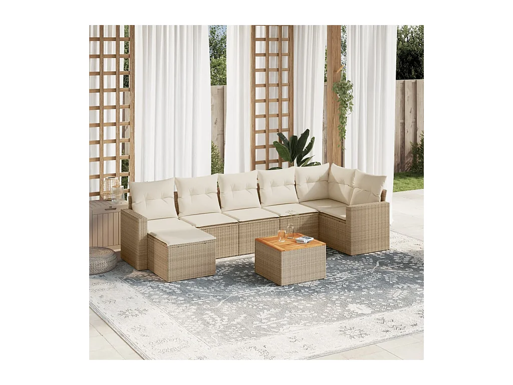 Salon de jardin avec coussins 8 pcs beige résine tressée