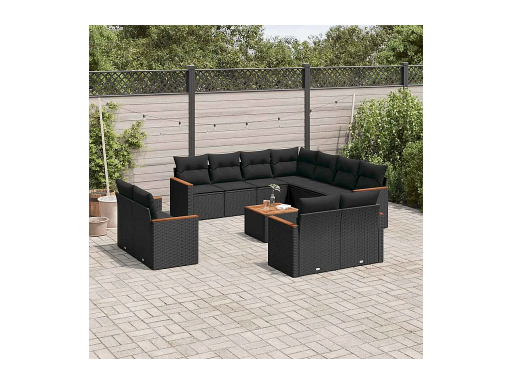 Salon de jardin 12 pcs avec coussins noir résine tressée
