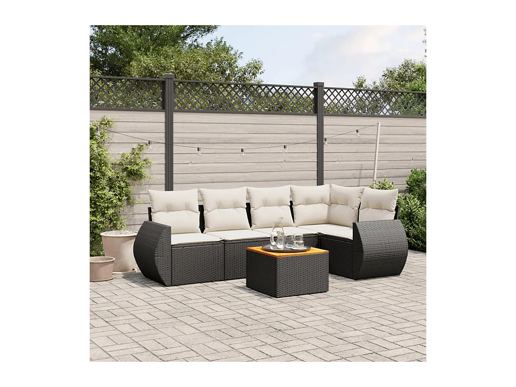 Salon de jardin 6 pcs avec coussins noir résine tressée