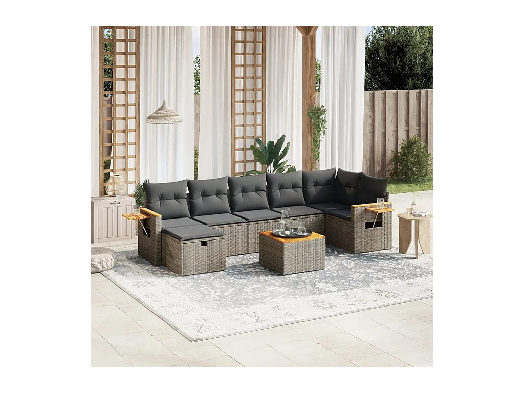 8 pcs conjunto sofás de jardim c/ almofadões vime PE cinzento