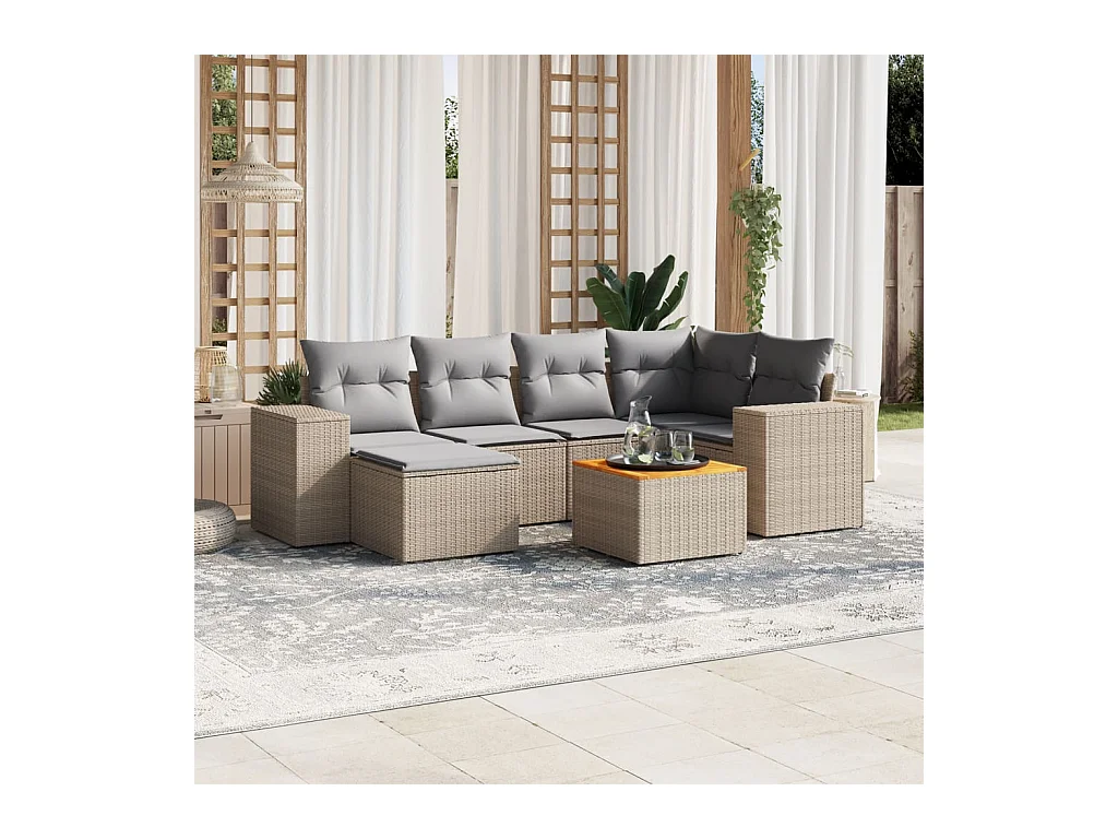 Set Divani da Giardino 7 pz con Cuscini Beige in Polyrattan