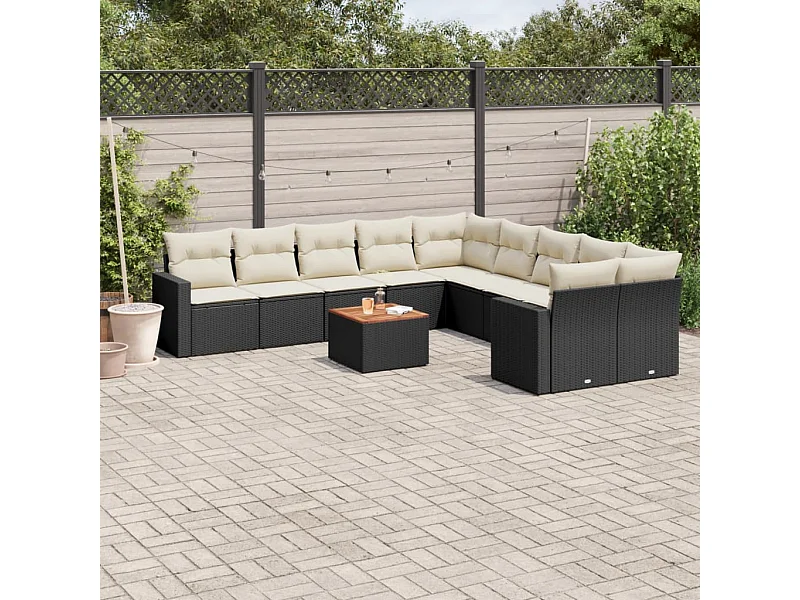 11-tlg. Garten-Sofagarnitur mit Kissen Schwarz Poly Rattan