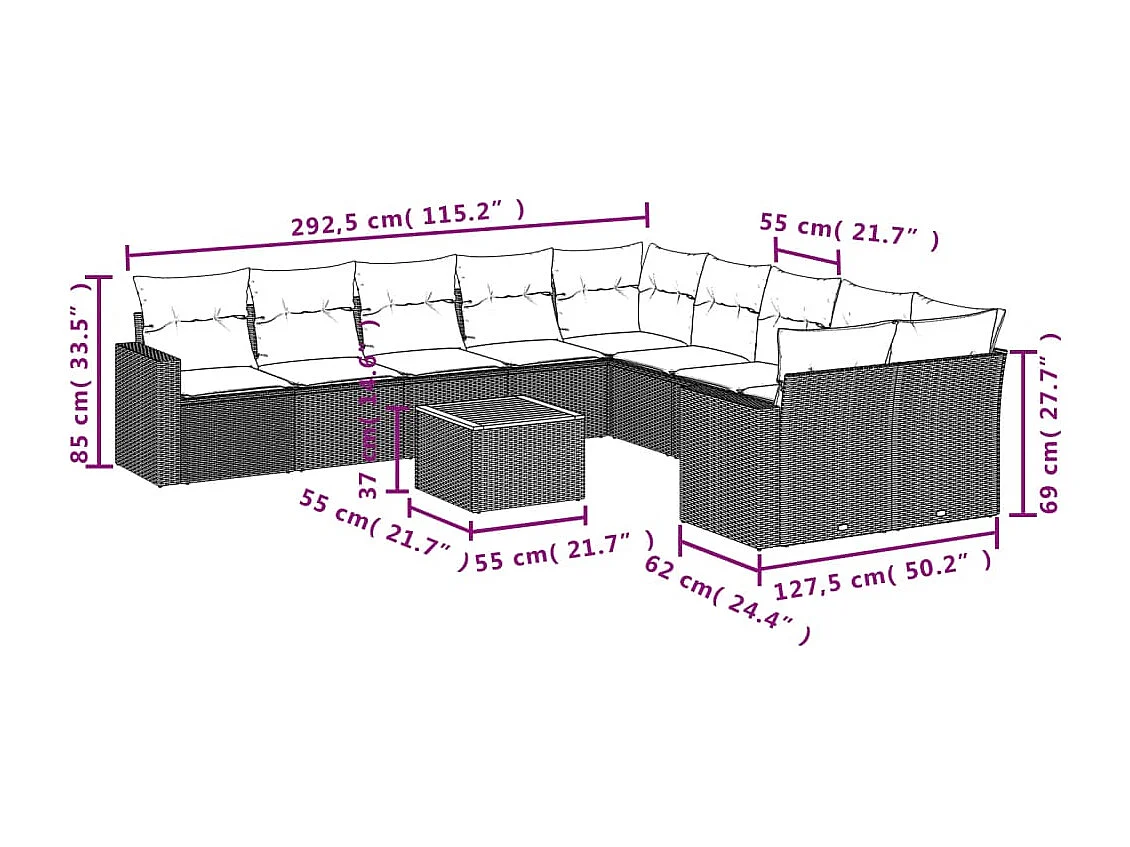 11-delige Loungeset met kussens poly rattan zwart