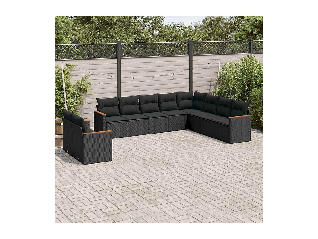 Set Divani da Giardino 10pz con Cuscini in Polyrattan Nero