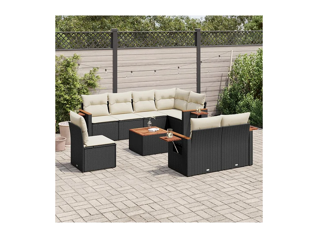 Salon de jardin 9 pcs avec coussins noir résine tressée