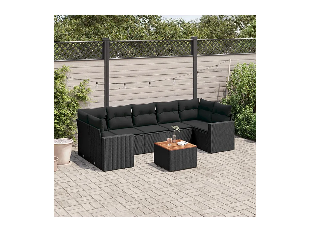 Salon de jardin 8 pcs avec coussins noir résine tressée