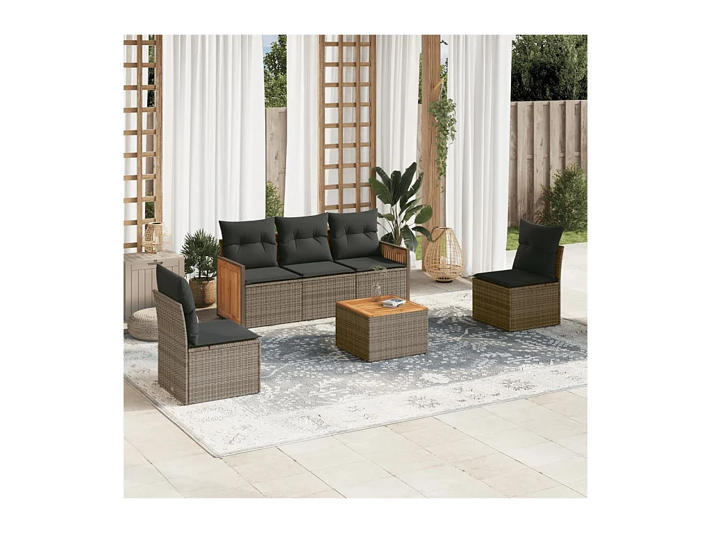 Salon de jardin 6 pcs avec coussins gris résine tressée
