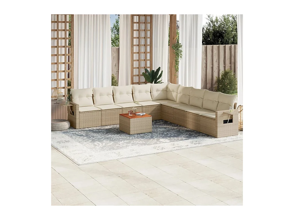 10-tlg. Garten-Sofagarnitur mit Kissen Beige Poly Rattan