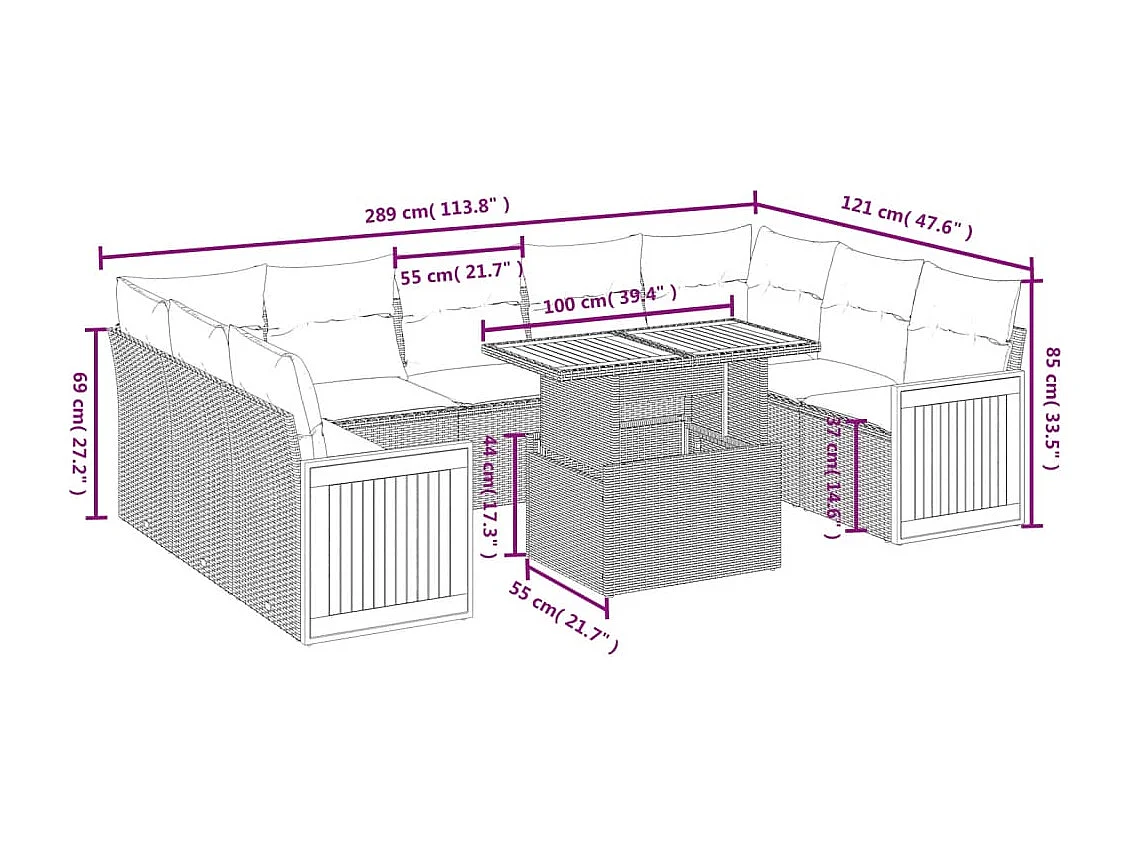 10-tlg. Garten-Sofagarnitur mit Kissen Schwarz Poly Rattan