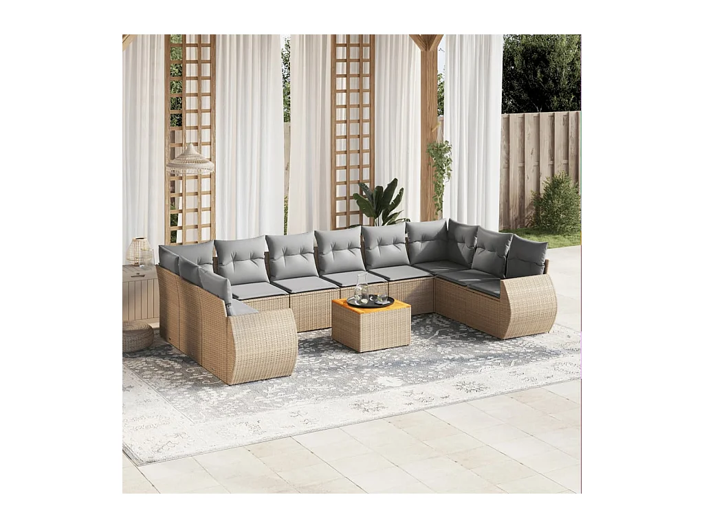 Salon de jardin 11 pcs avec coussins beige résine tressée
