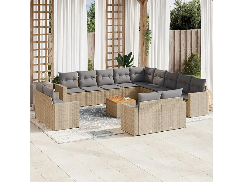 Set Divano da Giardino 14 pz con Cuscini Beige Misto Polyrattan