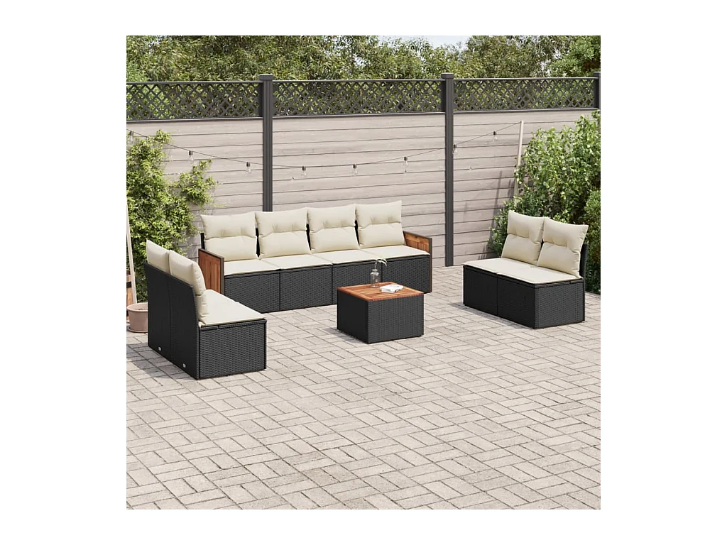 9-tlg. Garten-Sofagarnitur mit Kissen Schwarz Poly Rattan