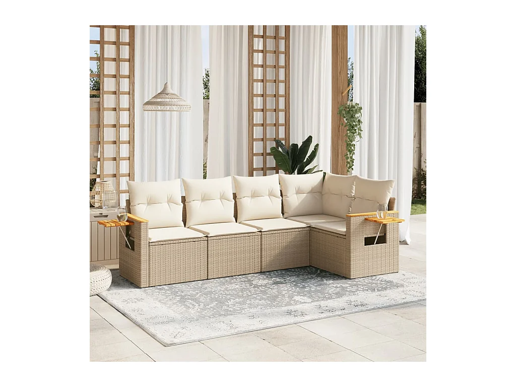 5-tlg. Garten-Sofagarnitur mit Kissen Beige Poly Rattan