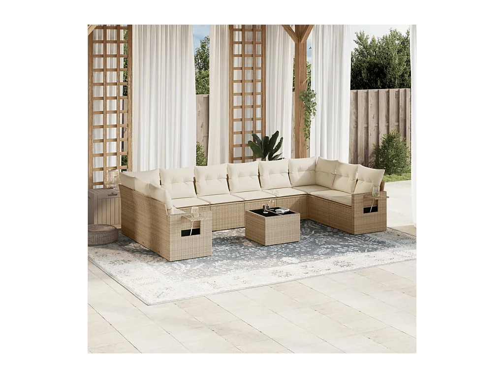 11 pcs conjunto sofás de jardim c/ almofadões vime PE bege