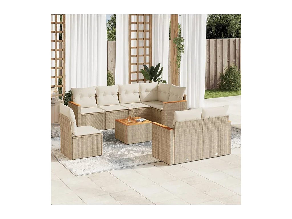 Salon de jardin avec coussins 9 pcs beige résine tressée