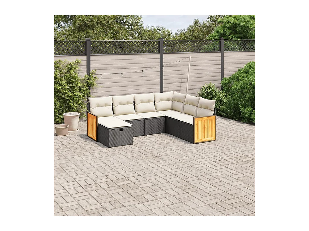 Salon de jardin 7 pcs avec coussins noir résine tressée