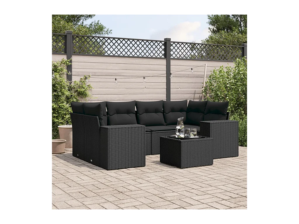7-delige Loungeset met kussens poly rattan zwart
