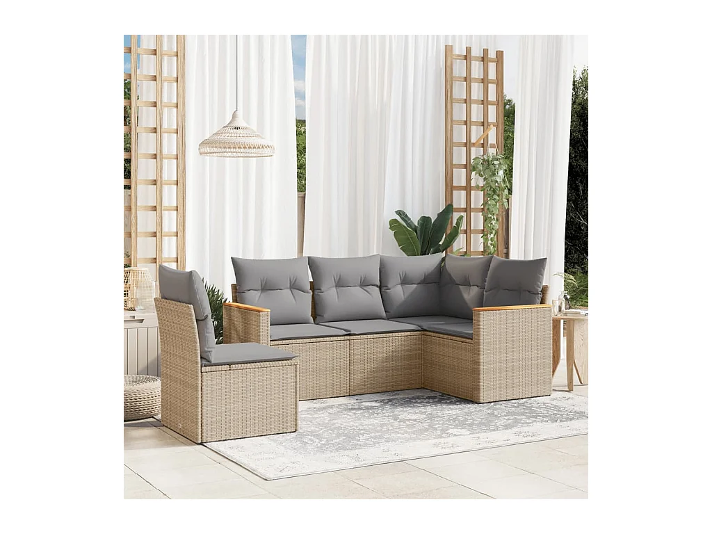 Set Divano da Giardino 5 pz con Cuscini Beige in Polyrattan