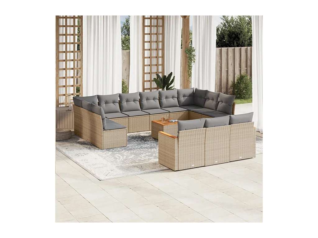 Set Divani da Giardino 14pz con Cuscini in Polyrattan Beige