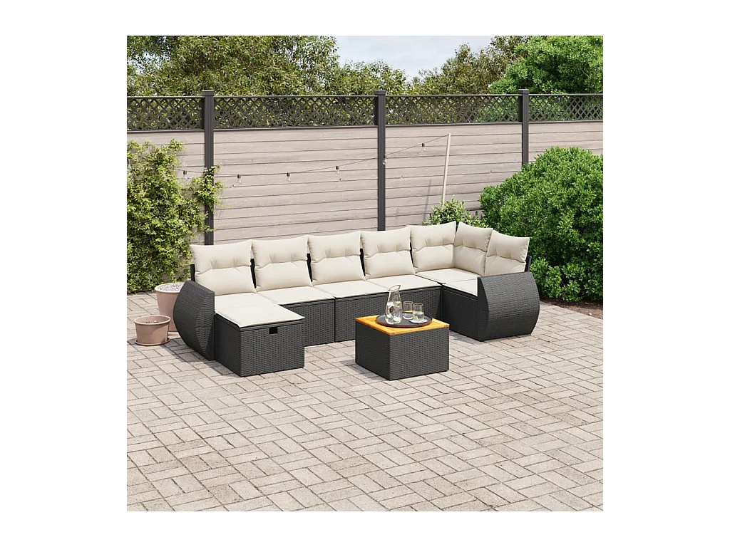 8-delige Loungeset met kussens poly rattan zwart