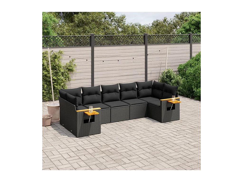 Salon de jardin 7 pcs avec coussins noir résine tressée