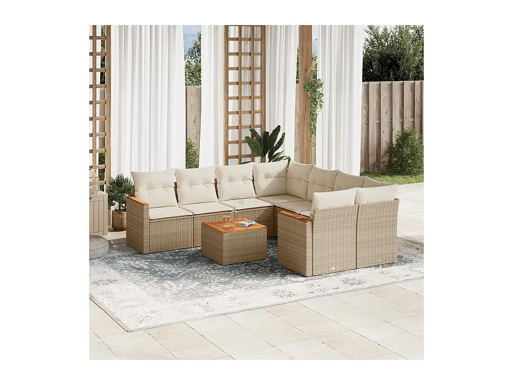 Salon de jardin avec coussins 9 pcs beige résine tressée