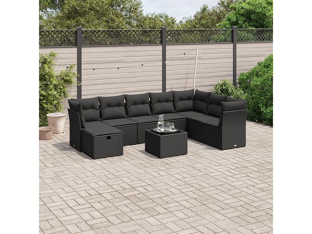 9-delige Loungeset met kussens poly rattan zwart