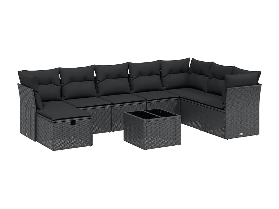 9-delige Loungeset met kussens poly rattan zwart