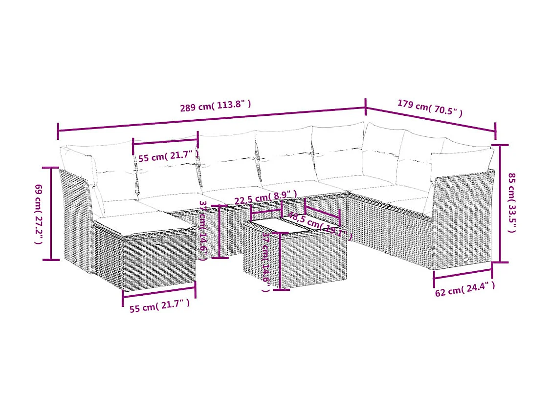 9-delige Loungeset met kussens poly rattan zwart
